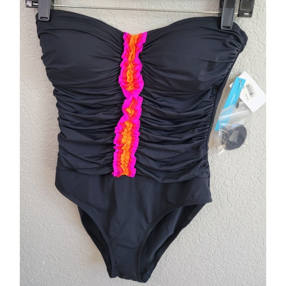 Bleu Rod Beattie Black NWT Strapless 1 Piece Swimsuit Size 8 Ruched Pink Orange - Picture 2 of 9